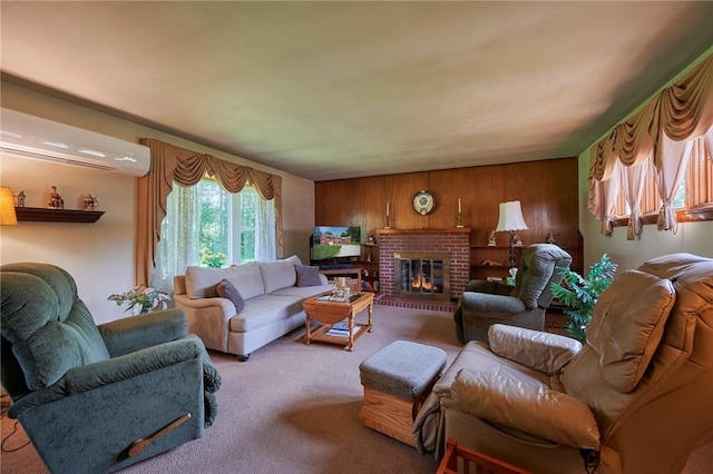 2583 State Route 210, Cowanshanock Twp, PA 16249 - carpeted living area featuring a wall unit AC, a fireplace, and wooden walls