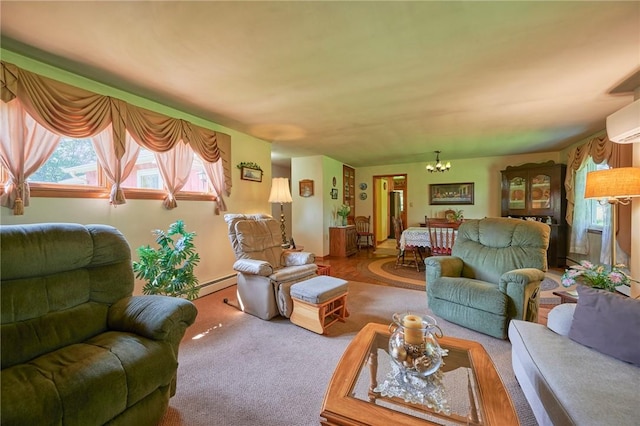 2583 State Route 210, Cowanshanock Twp, PA 16249 - living room with a chandelier, carpet, baseboard heating, and a wall mounted AC
