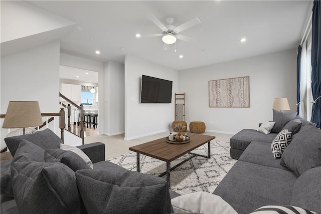 1208 Clear Springs Dr, Cecil, PA 15317 - living room featuring carpet floors, a ceiling fan, and recessed lighting