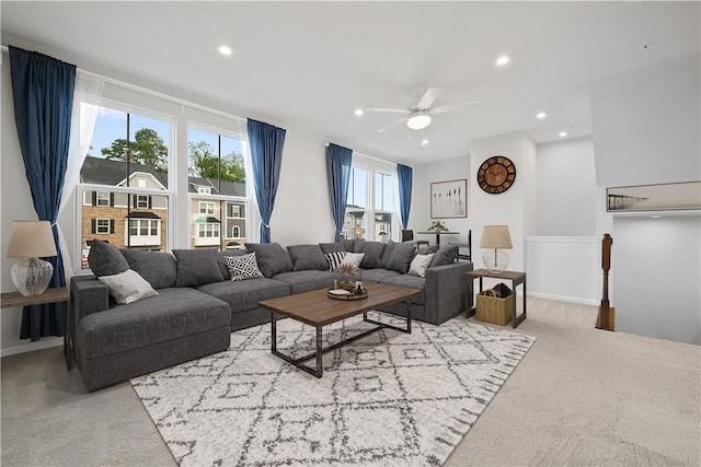 1208 Clear Springs Dr, Cecil, PA 15317 - living area featuring carpet flooring, a ceiling fan, and recessed lighting
