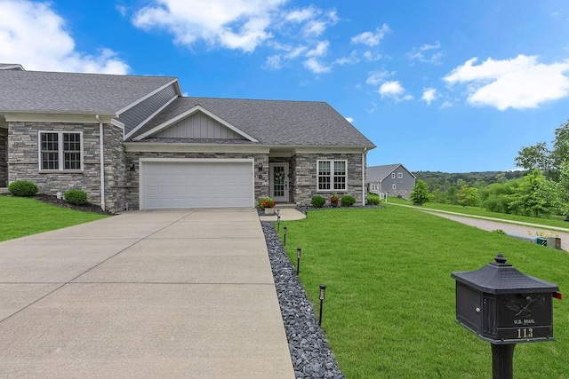 113 Dano Dr Unit 37, Ohioville, PA 15009 - view of front facade featuring stone siding, a front yard, a garage, concrete driveway, and board and batten siding