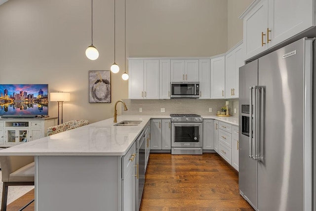 113 Dano Dr Unit 37, Ohioville, PA 15009 - kitchen with appliances with stainless steel finishes, a high ceiling, a peninsula, dark wood-style flooring, and backsplash