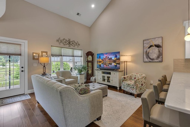 113 Dano Dr Unit 37, Ohioville, PA 15009 - living room featuring high vaulted ceiling, healthy amount of natural light, dark wood finished floors, and recessed lighting