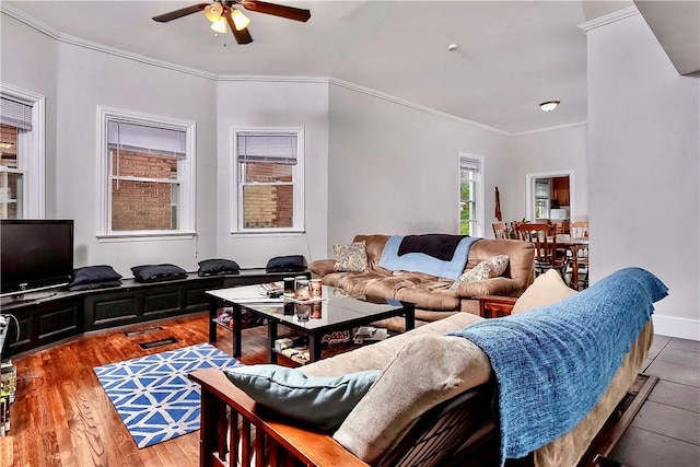 118 S 17th St, South Side, PA 15203 - living area featuring a ceiling fan, crown molding, and wood finished floors