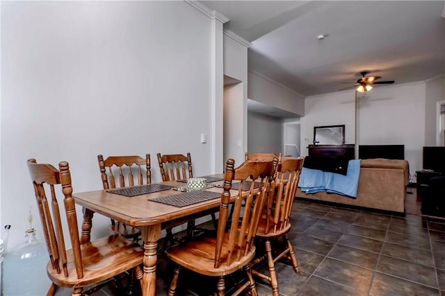 118 S 17th St, South Side, PA 15203 - dining space with crown molding, a ceiling fan, and dark tile patterned floors
