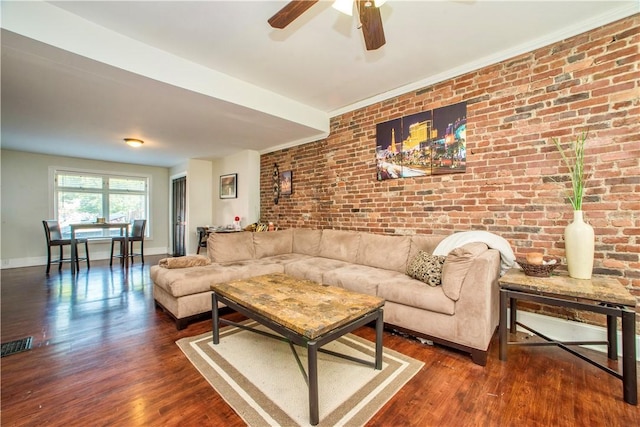 118 S 17th St, South Side, PA 15203 - living room with brick wall, ceiling fan, and wood finished floors