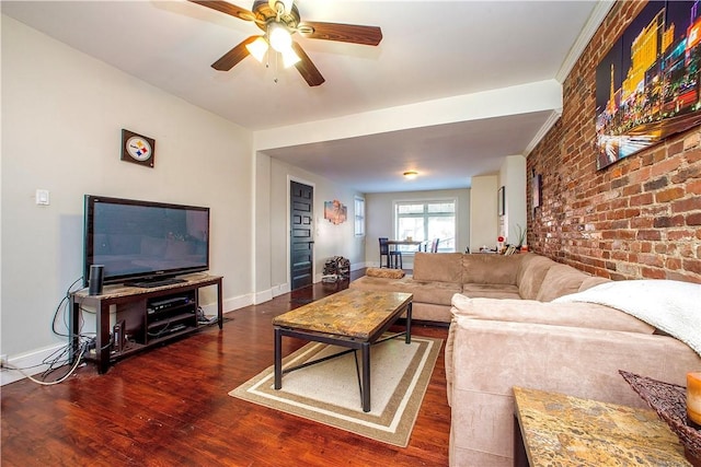 118 S 17th St, South Side, PA 15203 - living room with brick wall, wood finished floors, and a ceiling fan