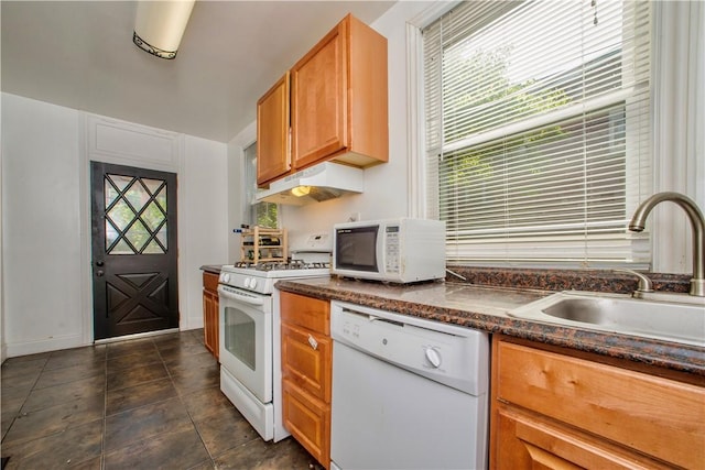 118 S 17th St, South Side, PA 15203 - kitchen featuring white appliances, under cabinet range hood, dark countertops, brown cabinetry, and dark tile patterned floors