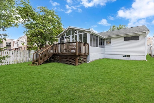 320 Wilson Ave, Beaver, PA 15009 - rear view of house featuring a sunroom, stairway, a shingled roof, and a wooden deck