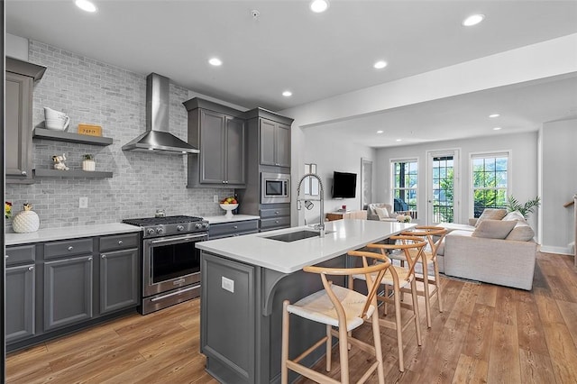 3155 Preston Way, Bridgeville, PA 15017 - kitchen with wall chimney exhaust hood, appliances with stainless steel finishes, open floor plan, gray cabinetry, and light countertops