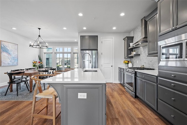 3155 Preston Way, Bridgeville, PA 15017 - kitchen with appliances with stainless steel finishes, tasteful backsplash, a breakfast bar, light countertops, and dark wood-style flooring