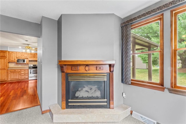 358 Shannon Cir, Daugherty Twp, PA 15066 - detailed view of appliances with stainless steel finishes, a fireplace with raised hearth, ceiling fan, carpet flooring, and decorative backsplash