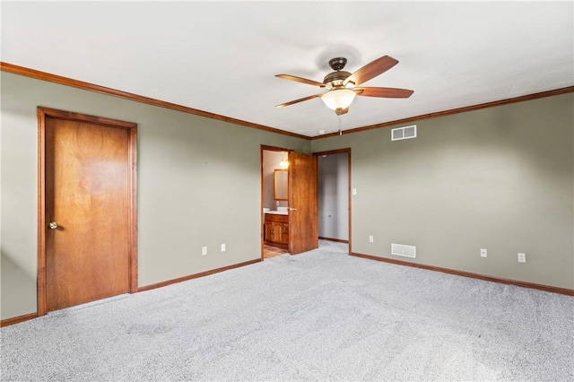 358 Shannon Cir, Daugherty Twp, PA 15066 - unfurnished bedroom with light carpet, ensuite bathroom, ceiling fan, and crown molding