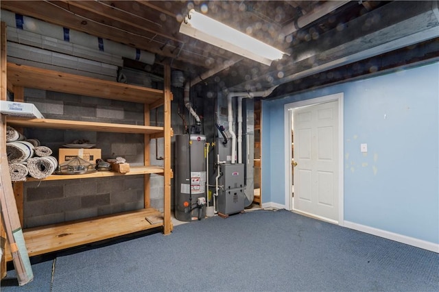 358 Shannon Cir, Daugherty Twp, PA 15066 - unfinished basement featuring water heater, carpet flooring, and heating unit