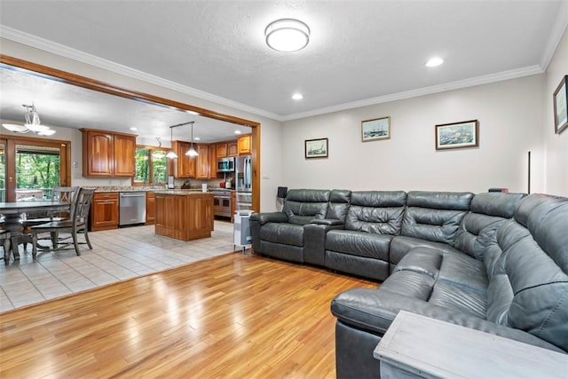 268 Glade Mills Rd, Middlesex Twp, PA 16059 - living area featuring light wood-style floors, recessed lighting, a chandelier, and crown molding
