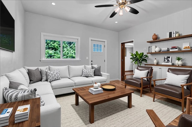 880 Patton St, Monroeville, PA 15146 - living room featuring a ceiling fan, light wood-style floors, and recessed lighting