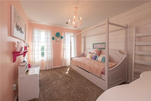 107 Marias Way S, Park, PA 15129 - bedroom featuring a chandelier, carpet floors, and wood walls