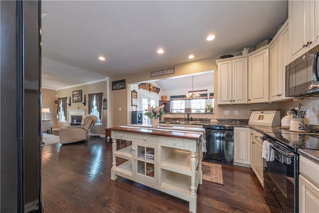 107 Marias Way S, Park, PA 15129 - kitchen with black appliances, open floor plan, dark wood-style floors, open shelves, and ornamental molding