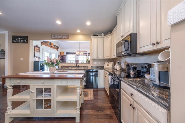 107 Marias Way S, Park, PA 15129 - kitchen with black appliances, open shelves, dark wood-style floors, tasteful backsplash, and recessed lighting