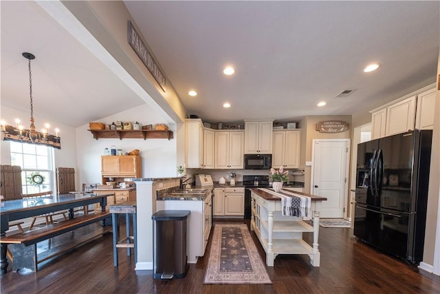 107 Marias Way S, Park, PA 15129 - kitchen featuring open shelves, black appliances, a chandelier, a peninsula, and lofted ceiling