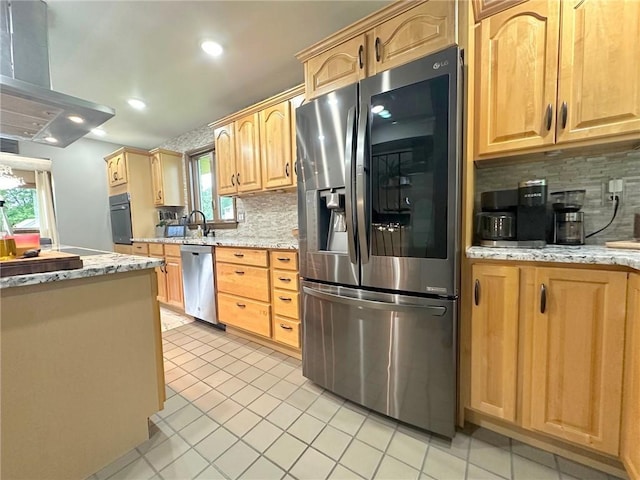 132 Terrace Dr, North Sewickley Twp, PA 16117 - kitchen featuring appliances with stainless steel finishes, exhaust hood, light tile patterned floors, backsplash, and recessed lighting