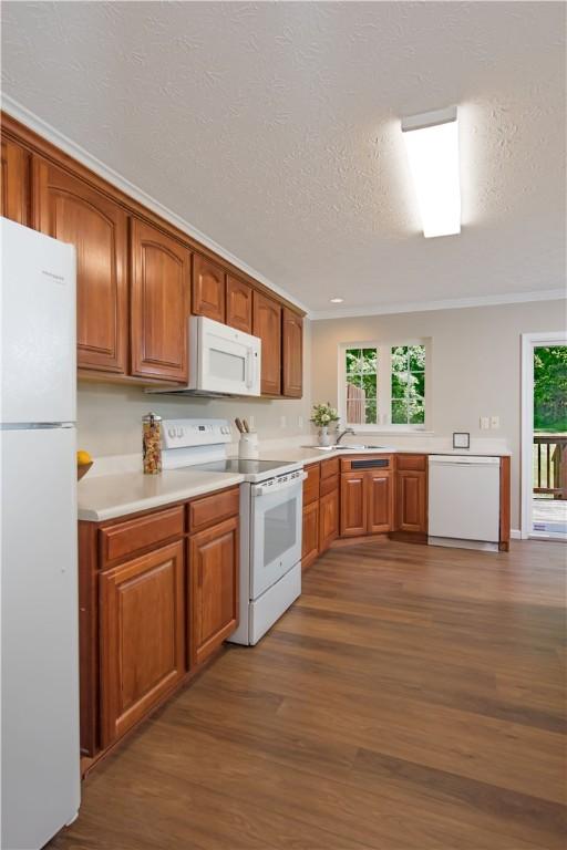 651 Village Green Blvd E, Adams Twp, PA 16046 - kitchen with white appliances, dark wood-style flooring, light countertops, plenty of natural light, and a textured ceiling