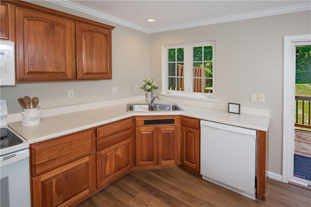 651 Village Green Blvd E, Adams Twp, PA 16046 - kitchen with white appliances, dark wood-style floors, crown molding, light countertops, and brown cabinets