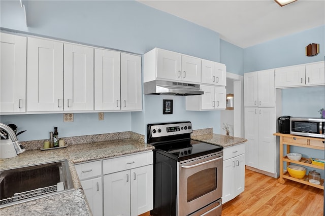 3238 Gaylord Ave, Dormont, PA 15216 - kitchen featuring stainless steel appliances, under cabinet range hood, light wood-style floors, white cabinetry, and light stone counters