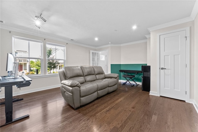 519 Captain Lee Boss Way, Cranberry Twp, PA 16066 - living room with dark wood-style flooring, ornamental molding, and recessed lighting
