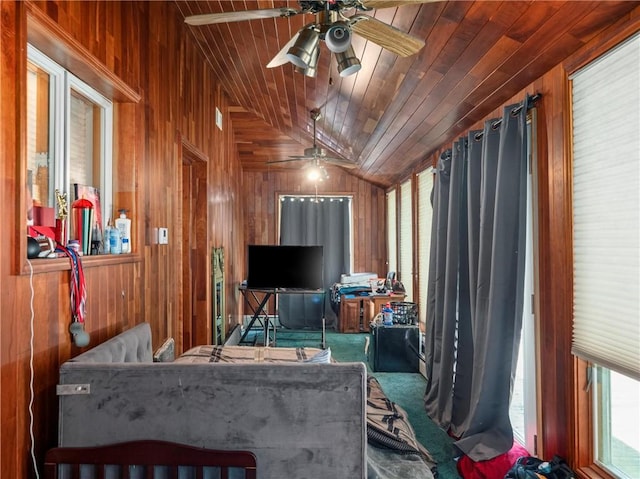 318 Penn Ave, Aliquippa, PA 15001 - carpeted living area with wooden walls, lofted ceiling, a ceiling fan, healthy amount of natural light, and wooden ceiling