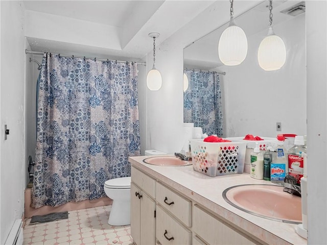 318 Penn Ave, Aliquippa, PA 15001 - full bath with double vanity, a baseboard heating unit, and shower / tub combo with curtain