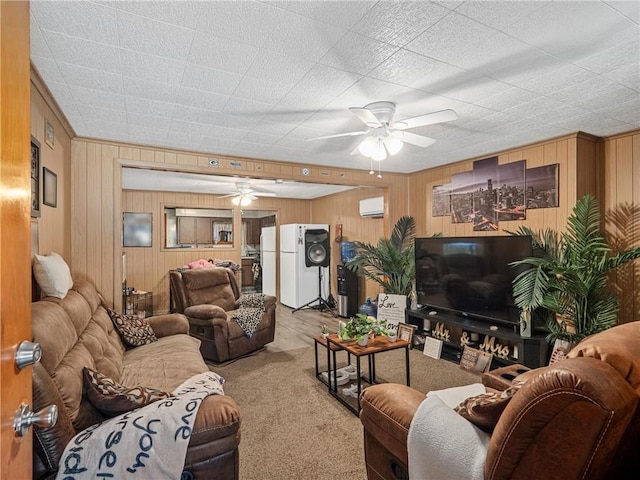 318 Penn Ave, Aliquippa, PA 15001 - living area featuring ceiling fan, carpet floors, a wall mounted AC, and wood walls