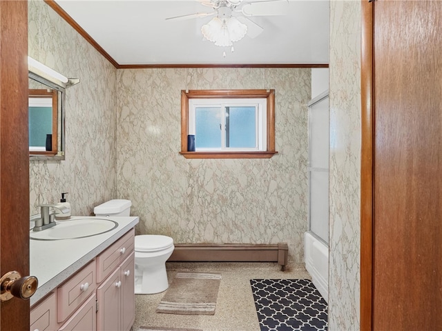 318 Penn Ave, Aliquippa, PA 15001 - full bath with a baseboard heating unit, a ceiling fan, vanity, ornamental molding, and combined bath / shower with glass door