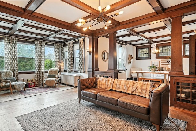 3100 Wainbell Ave, Dormont, PA 15216 - living area with a chandelier, decorative columns, coffered ceiling, plenty of natural light, and beam ceiling
