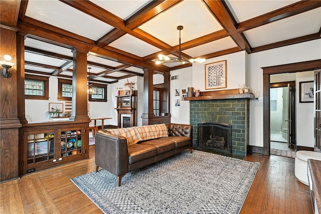 3100 Wainbell Ave, Dormont, PA 15216 - living room with a brick fireplace, ornate columns, coffered ceiling, hardwood / wood-style floors, and beam ceiling