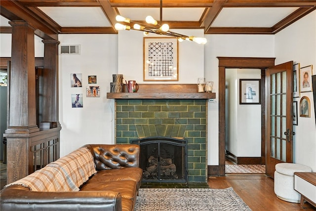 3100 Wainbell Ave, Dormont, PA 15216 - living room featuring coffered ceiling, wood finished floors, a fireplace with flush hearth, crown molding, and beam ceiling