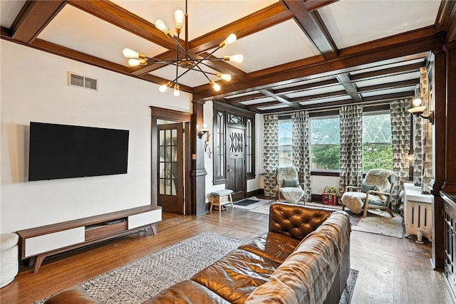 3100 Wainbell Ave, Dormont, PA 15216 - living area featuring coffered ceiling, a chandelier, hardwood / wood-style floors, and beam ceiling