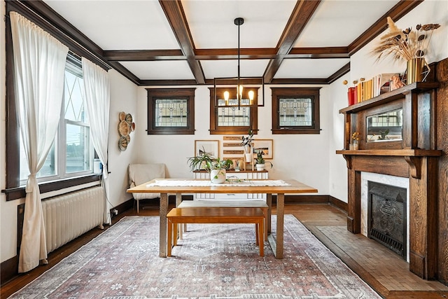 3100 Wainbell Ave, Dormont, PA 15216 - dining space featuring hardwood / wood-style floors, healthy amount of natural light, a chandelier, beamed ceiling, and coffered ceiling