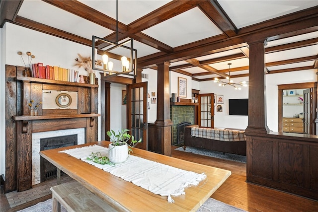 3100 Wainbell Ave, Dormont, PA 15216 - dining area with a chandelier, a fireplace, decorative columns, coffered ceiling, and beamed ceiling