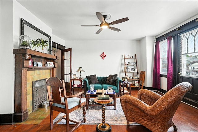 3100 Wainbell Ave, Dormont, PA 15216 - living room with a fireplace, a ceiling fan, and wood finished floors