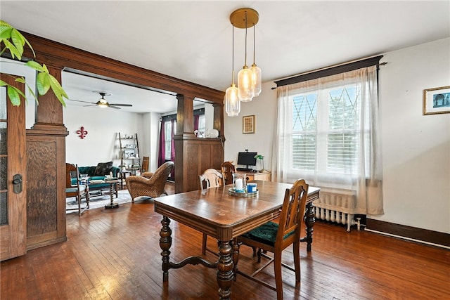 3100 Wainbell Ave, Dormont, PA 15216 - dining space featuring wood-type flooring, radiator, and a ceiling fan
