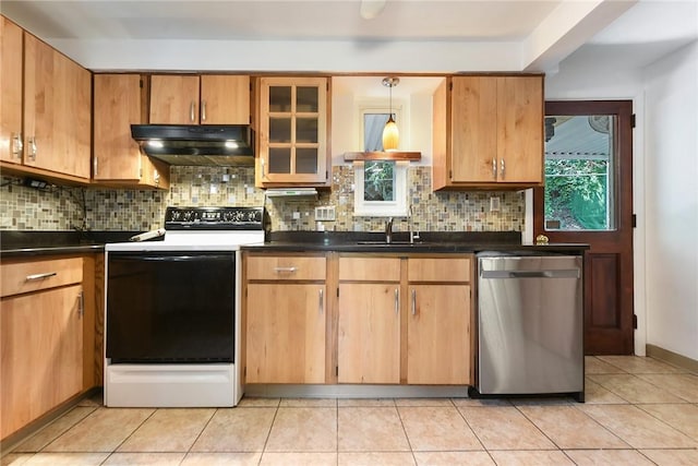 3931 Boulevard Dr, Squirrel Hill, PA 15217 - kitchen with stainless steel dishwasher, under cabinet range hood, white range with electric cooktop, and dark countertops