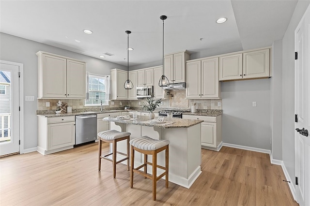 1009 Grey Fox Cir, Bridgeville, PA 15017 - kitchen with appliances with stainless steel finishes, light wood finished floors, backsplash, a center island, and recessed lighting