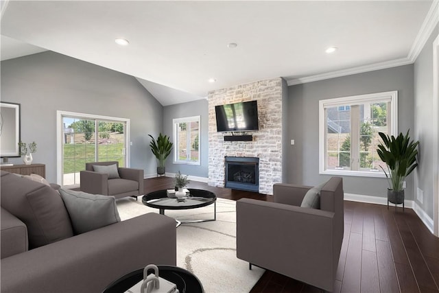 507 Saddlewood Dr, Peters Twp, PA 15367 - living area with a fireplace, dark wood-type flooring, healthy amount of natural light, vaulted ceiling, and recessed lighting