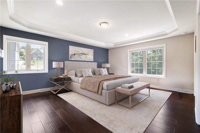 507 Saddlewood Dr, Peters Twp, PA 15367 - bedroom featuring a raised ceiling, ornamental molding, dark wood-style flooring, and recessed lighting
