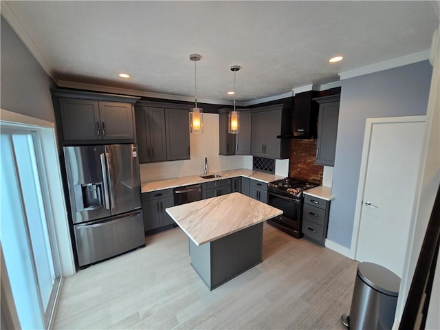 5303 Wickliff St, Lawrenceville, PA 15201 - kitchen with appliances with stainless steel finishes, wall chimney range hood, tasteful backsplash, light wood-style flooring, and crown molding