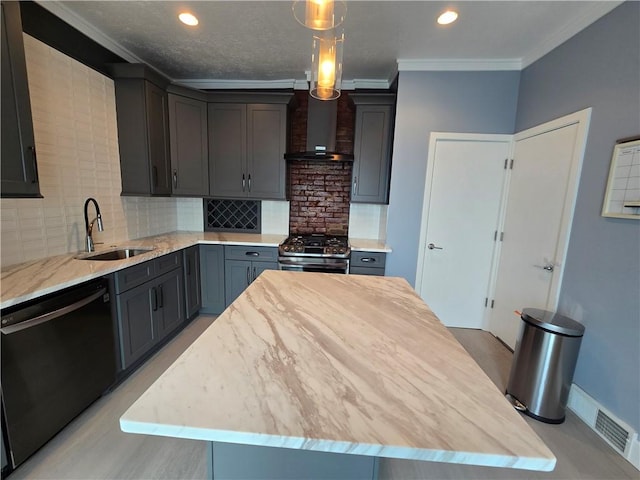 5303 Wickliff St, Lawrenceville, PA 15201 - kitchen featuring black dishwasher, wall chimney exhaust hood, stainless steel gas stove, ornamental molding, and backsplash
