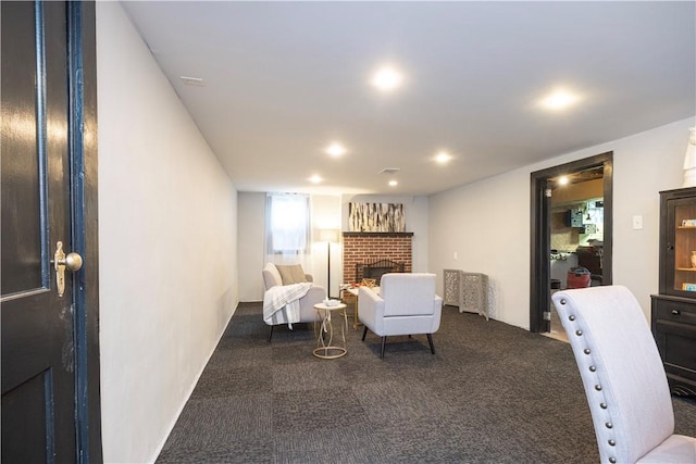 3715 Tuscarawas Rd, Brighton Twp, PA 15009 - living area featuring carpet floors, a fireplace, and recessed lighting
