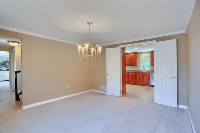 329 Oak Grove Ct, Mccandless, PA 15090 - empty room featuring a chandelier, crown molding, light colored carpet, and light tile patterned flooring
