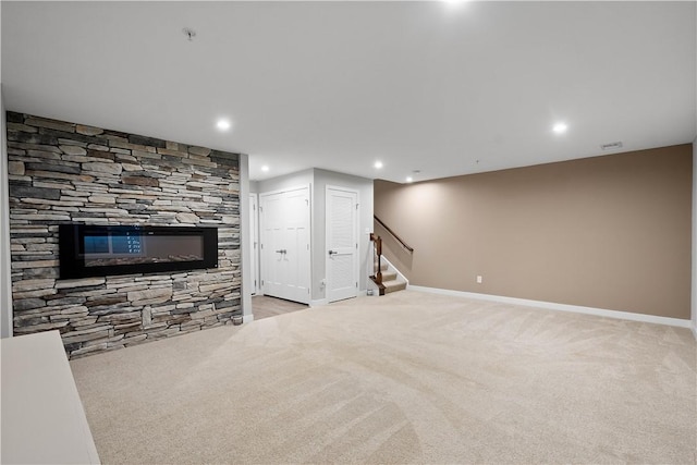 152 Cole Dr, Robinson Twp, PA 15136 - unfurnished living room with light carpet, recessed lighting, and stairway